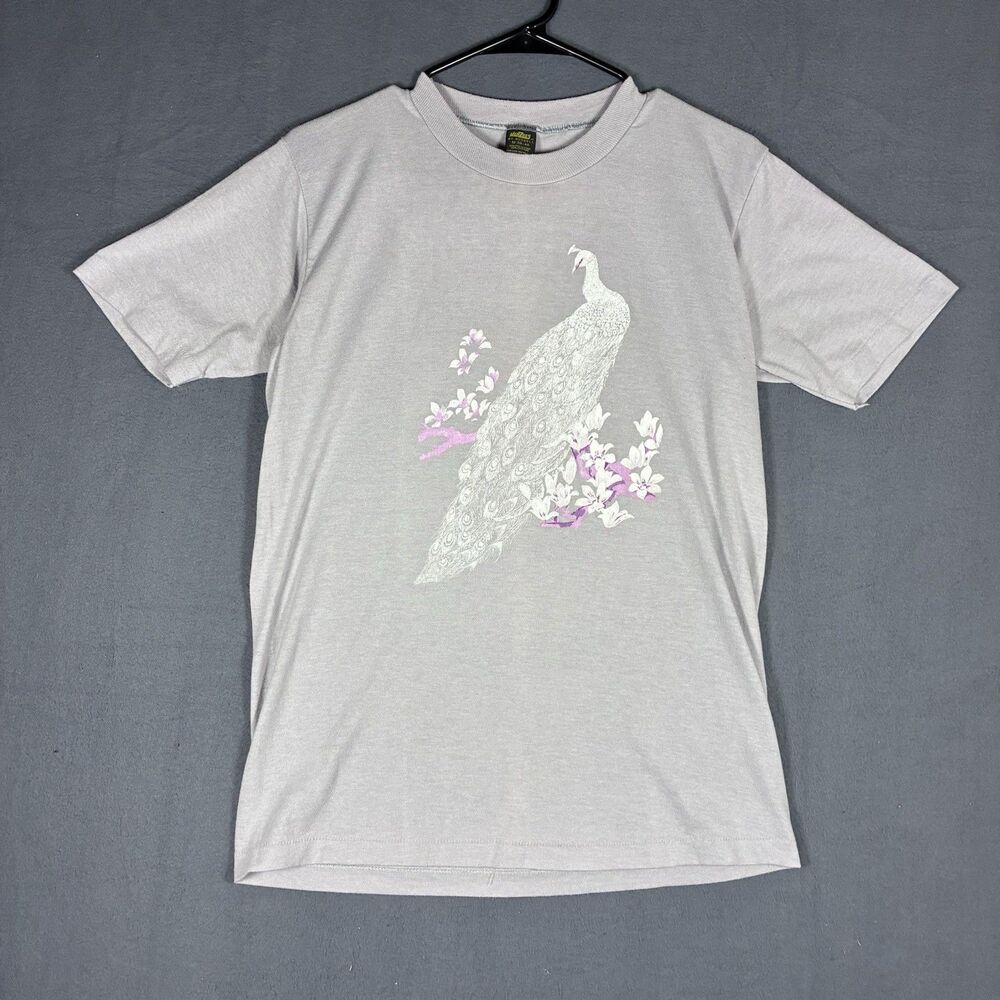 Vintage 80s Peacock T Shirt White Bird Floral Puff Paint Single Stitch Grey M